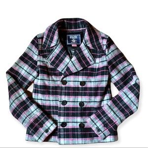 PINK VICTORIA’S SECRET Plaid Pea Coat Wool Blend Buttons Pink Black Gray Size XS